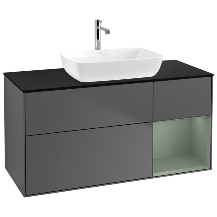 Villeroy und Boch Finion Waschtischunterschrank G832GMGK 120cm, Abdeckplatte black matt, Emotion, Regale Olive matt lacquer, Anthracite matt