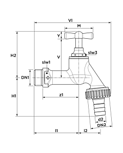 Seppelfricke Sepp outlet valve 0000102 DN 20, brass matt chrome-plated, hose screw connection, T-handle upper part