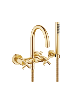 Dornbracht Tara . Two-handle bath mixer 25133892-28 Cross handles, wall mounting, with set, brushed brass