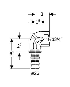 Geberit Übergangsbogen 603257005 Ø 26 mm x Rp 3/4, 90°, mit IG, Rotguss