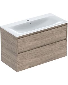 Meuble sous-vasque Geberit Renova Plan 504041JR8, largeur 100 cm, structure en bois mélaminé avec caisson et façade en noyer, vasque blanche en KeraTect