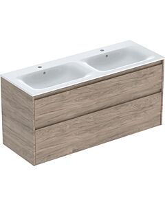 Ensemble meuble-lavabo double Geberit Renova Plan 504042JR8, largeur 130 cm, structure en bois mélaminé avec façade en noyer, vasque blanche KeraTect