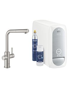 Grohe Blue Home Spültisch-Einhebelmischer 31539DC0 Supersteel, L-Auslauf-Starter Kit, herausziehbarer Mousseurauslauf