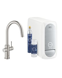 Grohe Blue Home mitigeur de cuisine 31541DC0 Supersteel, kit de démarrage bec C, bec mousseur extractible