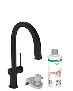 hansgrohe Aqittura M91 robinet de cuisine 76801670 avec bec extractible, 1jet, kit de démarrage, noir mat