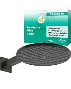 hansgrohe Raindance Alive S Duschkopf 24541340 2 Strahlarten wassersparend mit Brausearm, EcoSmart, brushed black chrome