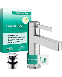 hansgrohe Finoris single-lever basin mixer 76012000 ComfortZone 100, with push-open waste set, chrome