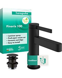 Mitigeur monocommande hansgrohe Finoris mitigeur lavabo 76012670 ComfortZone 100, avec bouton-poussoir garniture de vidange , noir mat