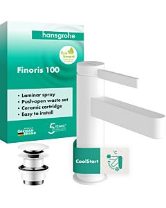 hansgrohe Finoris single-lever basin mixer 76012700 ComfortZone 100, with push-open waste set, matt white