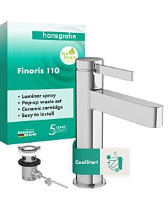 Mitigeur monocommande Finoris hansgrohe mitigeur lavabo 76025000 CoolStart, saillie 139 mm, avec tige de traction, chromé