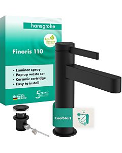 hansgrohe Finoris Einhebel-Waschtischarmatur 76025670 CoolStart, Ausladung 139mm, mit Zugstange, schwarz matt