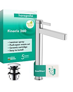 hansgrohe Finoris single-lever basin mixer 76072000 with push-open waste, projection 208 mm, chrome