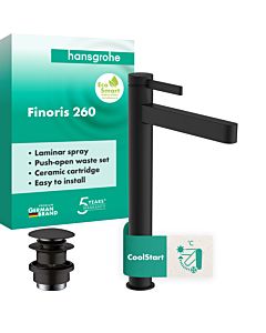 hansgrohe Finoris levier unique mitigeur lavabo 76072670 avec ouverture par pression garniture de vidange , saillie 208 mm, noir mat
