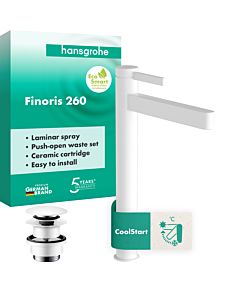 hansgrohe Finoris Einhebel-Waschtischarmatur 76072700 mit Push-Open-Ablaufgarnitur, Ausladung 208mm, weiß matt