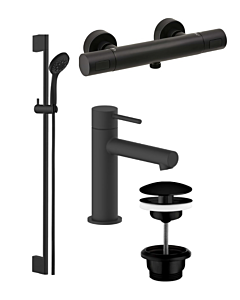 Herzbach Deep Black Duscharmaturen Set Brausearmatur, Wandstangenset, WT-Armatur, Ablaufventil