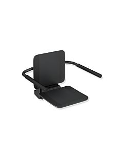 Hewi System 900 hanging seat 900.51.10760CV stainless steel powder-coated black matt, matt black plastic, with armrests