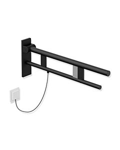 Hewi System 900 Stützklappgriff 900.50.20360DC Ausladung 700 mm, Edelstahl pulverbeschichtet schwarz tiefmatt, rechts, E-Spülauslösung