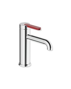 Hewi AQ477 Einhebel-Waschtischarmatur AQ1.12M1134033 Ausladung 130 mm, ohne Ablaufgarnitur, farbiger Griff, chrom / rubinrot