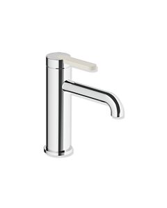 Hewi AQ477 single-lever basin mixer tap AQ1.12M1134099, 130 mm projection, without waste fitting, colored handle, chrome / pure white