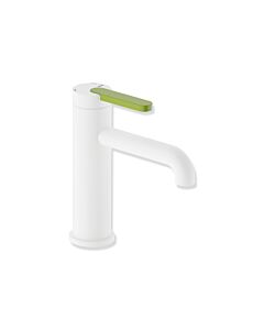 Hewi AQ477 basin mixer tap AQ1.12M1146074 without drain fitting, powder-coated deep matt white, apple green handle