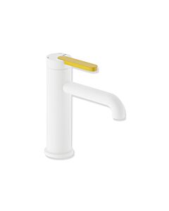 Hewi AQ477 basin mixer tap AQ1.12M1146018 without drain fitting, powder-coated deep matt white, mustard yellow handle