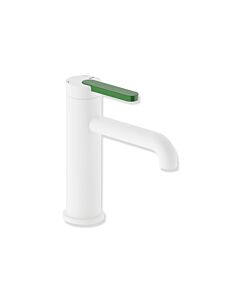 Hewi AQ477 basin mixer tap AQ1.12M1146072 without waste fitting, powder-coated deep matt white, handle light green