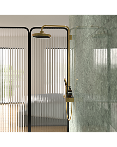 Ideal Standard Solos shower system A7883A2 with exposed Ceratherm Navigo® shower thermostat with shelf, overhead shower with LED light ring, 3-function hand &amp; overhead shower, Brushed Gold