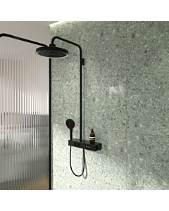 Ideal Standard Solos shower system A7883XG with exposed Ceratherm Navigo® shower thermostat with shelf, overhead shower with LED light ring, 3-function hand &amp; overhead shower, Silk Black