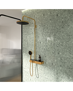 Ideal Standard Solos shower system A7882A2 with exposed shower thermostat Ceratherm Navigo® with shelf, 3-function hand &amp; overhead shower, Brushed Gold