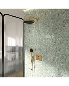 Ensemble de robinetterie Ideal Standard CeraTherm Navigo Solos A7893A2 comprenant un thermostat de douche encastré avec receveur Easy-Box, une douchette Solos 3 jets, un anneau lumineux LED et une finition or brossé.