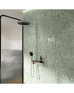 Système de douche Ideal Standard Solos A7881AA avec thermostat de douche apparent Ceratherm Navigo® et étagère, douche de tête avec anneau lumineux LED, douchette à main 3 jets, finition chrome clair