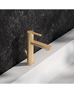 KEUCO IXMO Flat single lever washbasin mixer 59501253001 projection 124mm, with drain fitting, round rosette, brushed brass