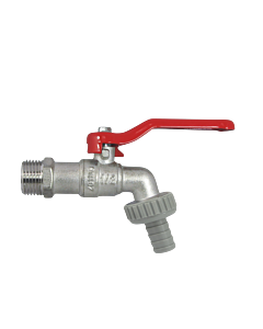 AquaCraft 1-inch outlet valve 1001000130 with red steel lever handle, chrome-plated brass