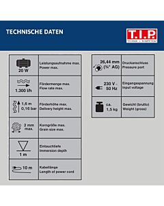 Pompe de couverture TIP Pool - automatique, 2000 300 l/h, 2000 , hauteur de refoulement 6 m, pour bâches/baignoires à remous, CoverOne 1500 AUT, 30441