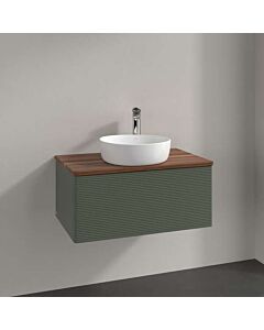Villeroy &amp; Boch Antao vanity unit L30112HL with lighting, 1 drawer, 800 x 360 x 500 mm, textured front, Leaf Green Matt Lacquer / Warm Walnut