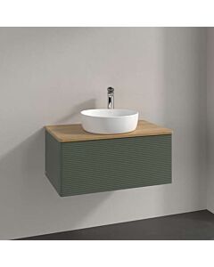 Meuble vasque Villeroy &amp; Boch Antao K30151HL 80 x 36 x 50 cm, percé pour robinetterie, plan vasque couleur chêne miel, laque mate vert feuille
