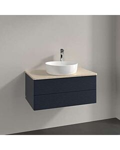 Meuble vasque Villeroy &amp; Boch Antao L19153HG avec éclairage, 2 tiroirs, 800 x 360 x 500 mm, façade texturée, laque mate bleu nuit / Botticino