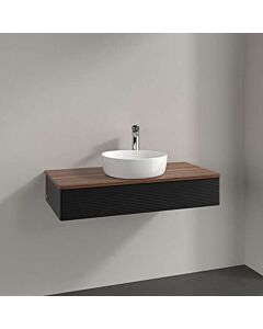 Meuble vasque Villeroy &amp; Boch Antao L09152PD avec éclairage, 1 tiroir, 1000 x 190 x 500 mm, façade texturée, laque noire mate / noyer chaud