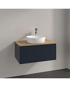 Meuble vasque Villeroy &amp; Boch Antao K30151HG 80 x 36 x 50 cm, percé pour robinetterie, plan vasque couleur chêne miel, laque mate bleu nuit
