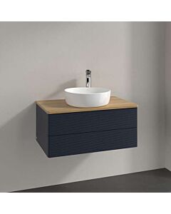 Meuble vasque Villeroy &amp; Boch Antao K19151HG 80 x 36 x 50 cm, percé pour robinetterie, plan vasque couleur chêne miel, laque mate bleu nuit