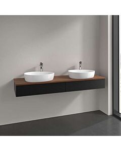 Meuble vasque Villeroy &amp; Boch Antao L17152PD avec éclairage, 2 tiroirs, 1600 x 190 x 500 mm, façade texturée, laque noire mate / noyer chaud