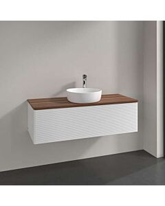 Villeroy &amp; Boch Antao vanity unit L32112GF with lighting, 1 drawer, 1200 x 360 x 500 mm, textured front, Glossy White Lacquer / Warm Walnut