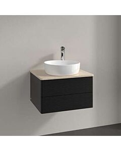 Meuble vasque Villeroy &amp; Boch Antao L18153PD avec éclairage, 2 tiroirs, 600 x 360 x 500 mm, façade texturée, laque noire mate / Botticino
