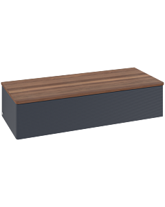 Buffet Villeroy &amp; Boch Antao L41102HG avec éclairage intégré, 1 tiroir, 1200 x 268 x 500 mm, façade texturée, laque mate bleu nuit / noyer chaud