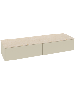 Buffet Villeroy &amp; Boch Antao L42003HJ avec éclairage, 2 tiroirs, 1600 x 268 x 500 mm, façade lisse, laque mate gris soie / Botticino