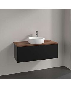 Meuble vasque Villeroy &amp; Boch Antao L31012PD avec éclairage, 1 tiroir, 1000 x 360 x 500 mm, façade lisse, laque noire mate / noyer chaud