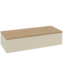 Buffet Villeroy &amp; Boch Antao L41101HJ avec éclairage, 1 tiroir, 1200 x 268 x 500 mm, façade texturée, laque mate Gris Soie / Chêne Miel