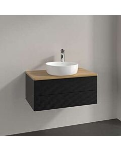 Meuble vasque Villeroy &amp; Boch Antao L19151PD avec éclairage, 2 tiroirs, 800 x 360 x 500 mm, façade texturée, laque noire mate / chêne miel