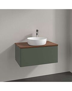 Villeroy &amp; Boch Antao vanity unit L30012HL with lighting, 1 drawer, 800 x 360 x 500 mm, smooth front, Leaf Green Matt Lacquer / Warm Walnut