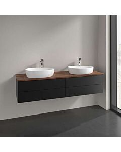Meuble vasque Villeroy &amp; Boch Antao L28052PD avec éclairage, 4 tiroirs, 1600 x 360 x 500 mm, façade lisse, laque noire mate / noyer chaud